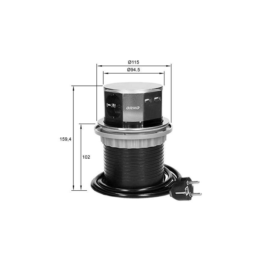 Orno Furniture socket? 10 cm removable from the table top with USB charger and 1.5 m cable, 3x2P + Z – 4