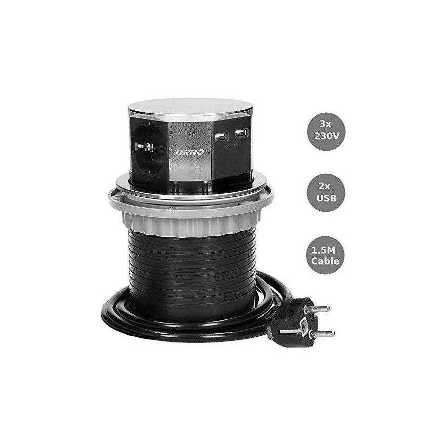 Orno Furniture socket? 10 cm removable from the table top with USB charger and 1.5 m cable, 3x2P + Z – 6