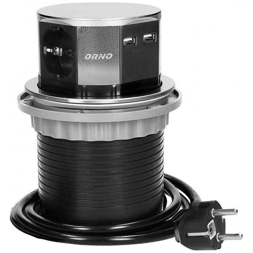 Orno Baldų lizdas?10 cm ištraukiamas nuo stalviršio su USB įkrovikliu ir 1,5 m laidu, 3x2P + Z, 2xUS – 7