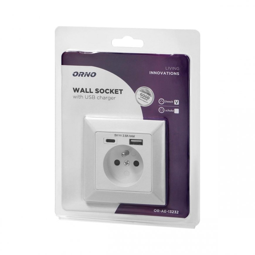 Orno Vienas lizdas 2P + Z, USB-A + USB-C, išvestis 5VDC, maks. 2,8A – 3