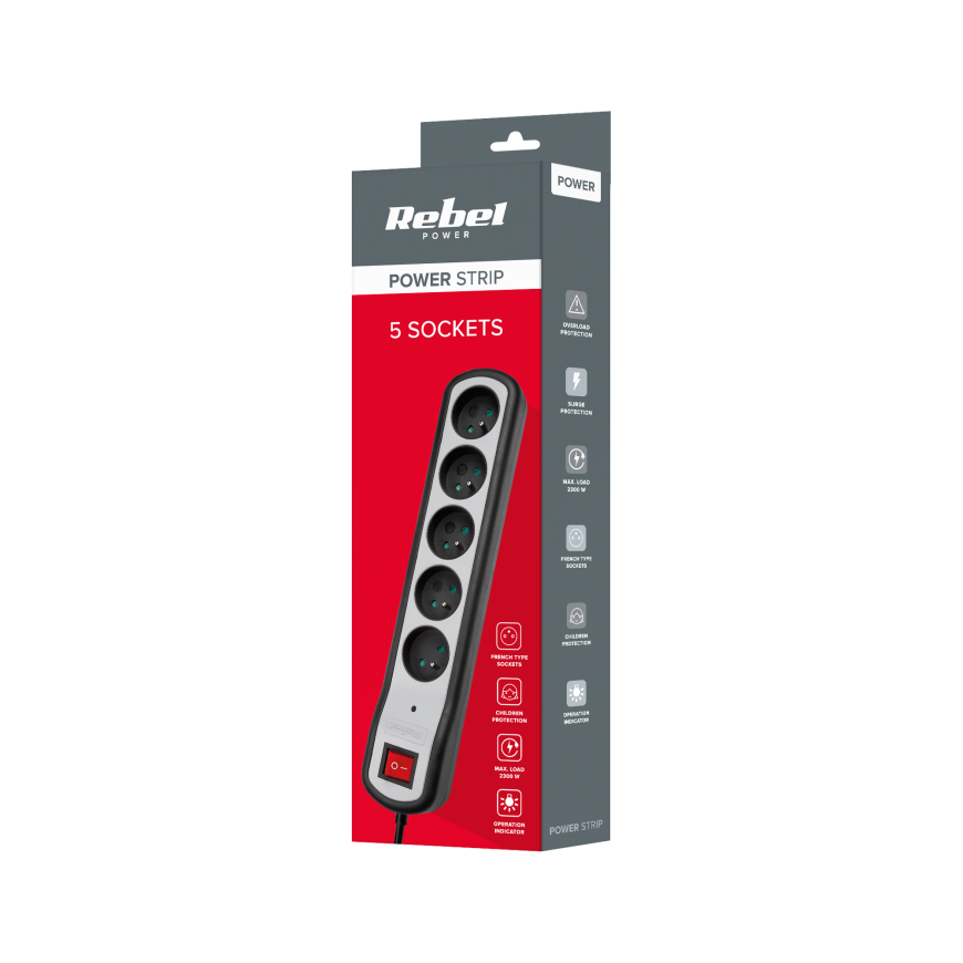 Rebel elektros tinklo ilgintuvas 5 lizdai su jungikliu 5m - 3x1.5mm – 9