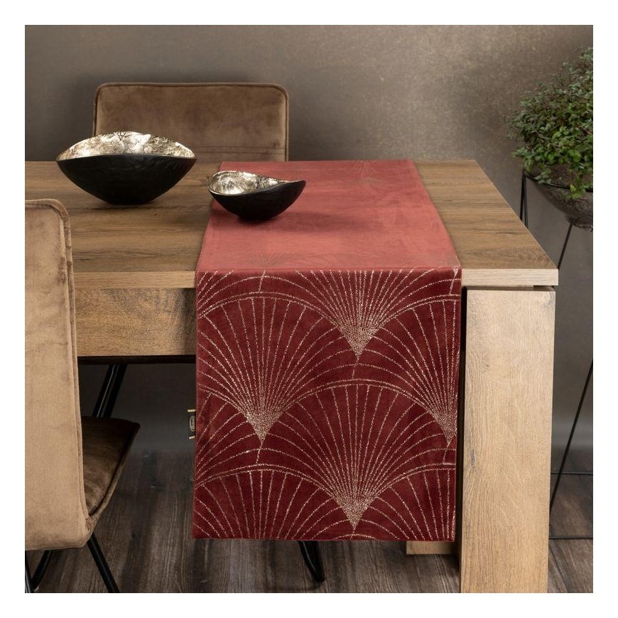 Eurofirany BLINK / 14 Velvet table runner with a large art deco fan pattern, 35X180 cm, color: brick – 2