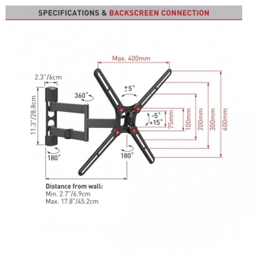 BARKAN BM343 13"-65" for flat/curved TV, 4 hinges, wall mounted, black – 9