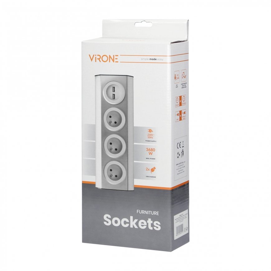 Orno Baldai, virtuvės lizdas, užsegamas Velcro, su USB pakrovėju - 3x2P + Z, 2xUSB, INOX. – 13