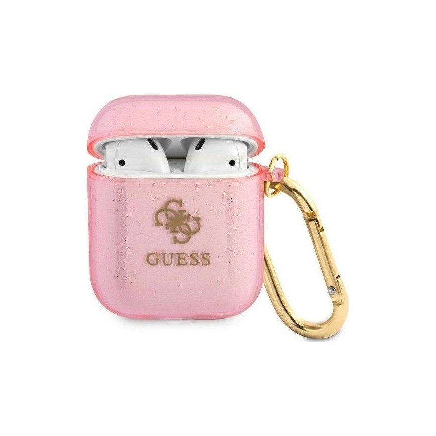 Guess apsauginis dėklas GUA2UCG4GP Glitter Collection, skirtas AirPods 1/2 rožinės spalvos