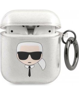 Karl Lagerfeld Apsauginis dėklas KLA2UKHGS Blizgantis Karlo galvutė AirPods 1/2 sidabro