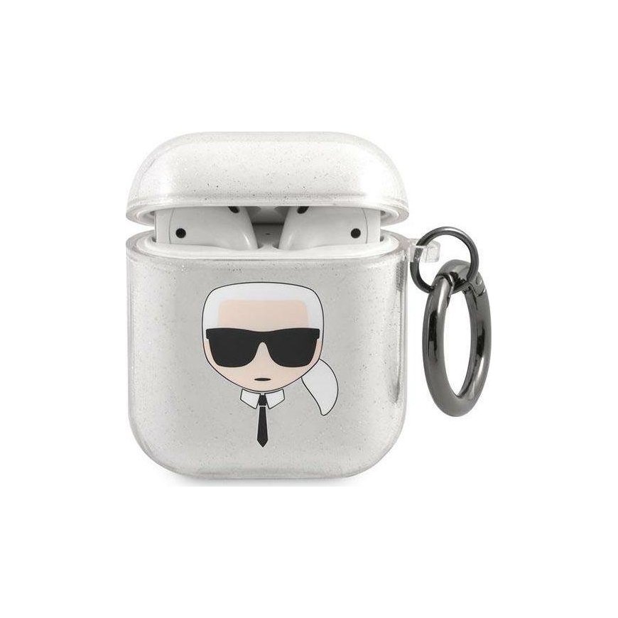 Karl Lagerfeld Apsauginis dėklas KLA2UKHGS Blizgantis Karlo galvutė AirPods 1/2 sidabro