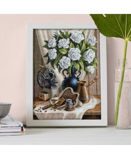 Beldizart Diamond painting set White roses and coffee 30x40 cm AZ-1657