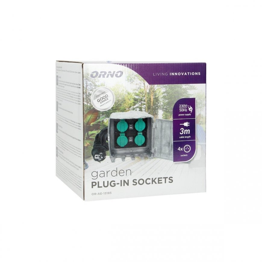Ornos KAMIEŃ garden socket, 4x2P + Z, H07RN-F 3x1.5mm? Rubber cord, 3m, 2 working modes: automatic ( – 3