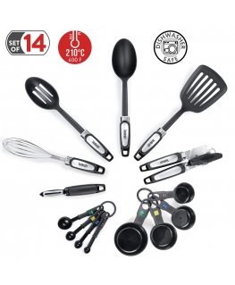 Tatkraft Grip 14-Piece Kitchen Utensils Set, Turner, Peeler, Can Opener, 4 Measuring Cups, 4 Measuring Spoons No Scratching Heat