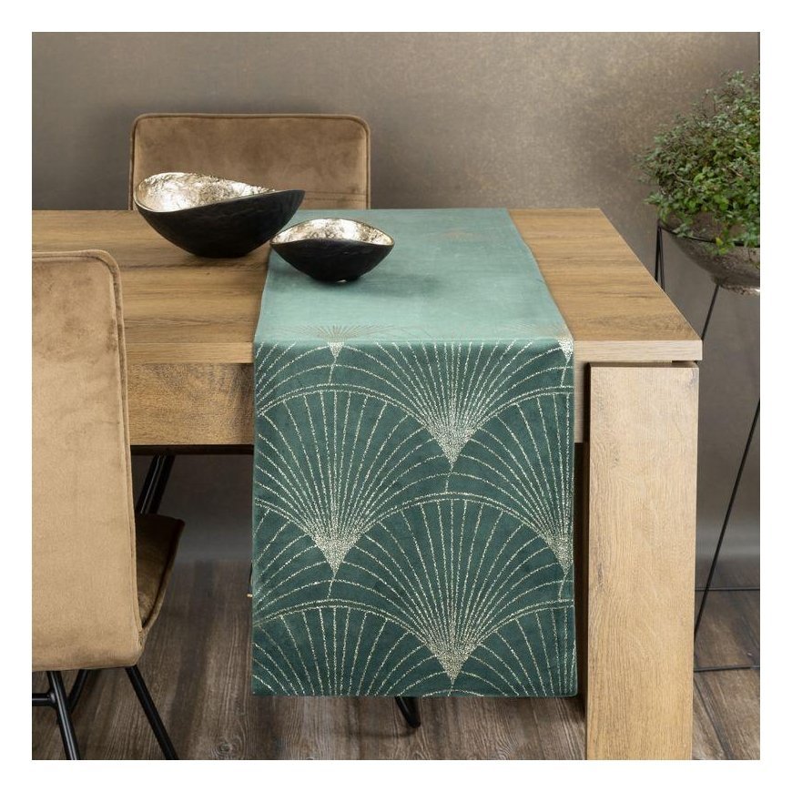 Eurofirany BLINK / 14 Aksominis stalo takelis su su dideliu art deco stiliaus vėduoklės raštu, 35X18 – 2