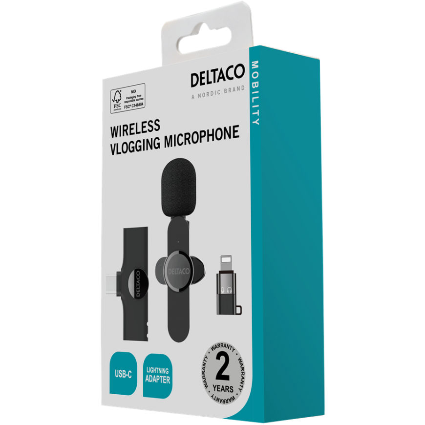 Wireless vlogging microphone DELTACO USB-C/Lightning, 1-pack / VLOG-100 – 3