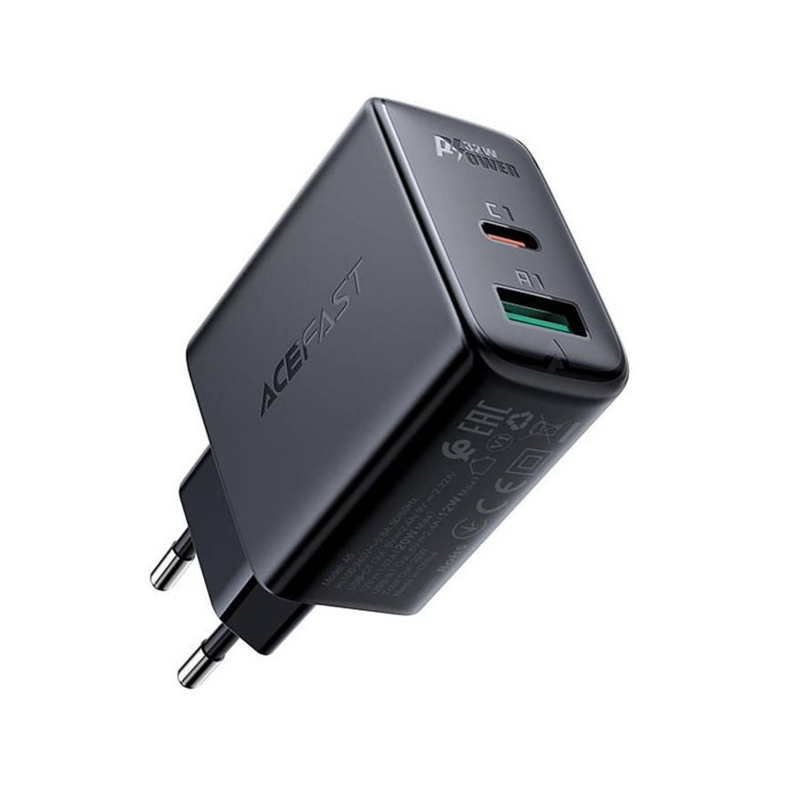 Acefast wall charger USB Type C / USB 32W, PPS, PD, QC 3.0, AFC, FCP black (A5 black) – 3