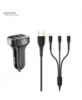 Usams Универсальная авто зарядка с х2 USB 2.1A с кабелем 3в1 USB Cable Micro USB / Type-C / Lightning Черный
