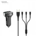 Usams Universāls x2 USB Auto lādētājs 2.1A 2.1A ar 3in1 USB Kabeli Micro USB / Type-C / Lightning Me Usams Universāls x2 USB Auto lādētājs 2.1A 2.1A ar 3in1 USB Kabeli Micro USB / Type-C / Lightning Me