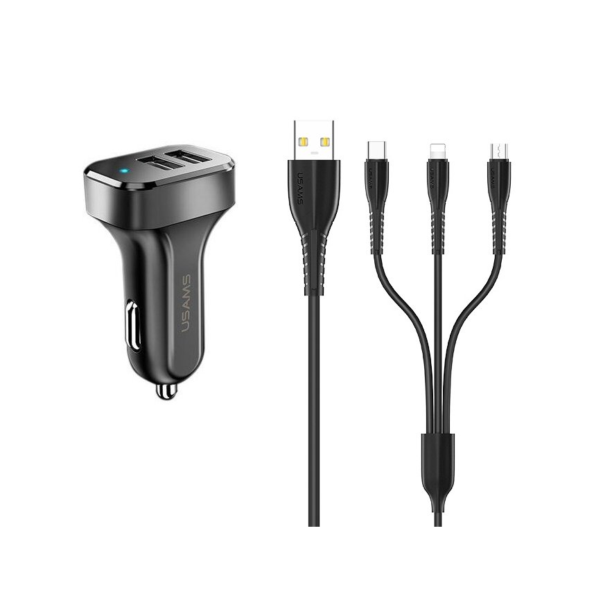 Usams Universāls x2 USB Auto lādētājs 2.1A 2.1A ar 3in1 USB Kabeli Micro USB / Type-C / Lightning Me – 2
