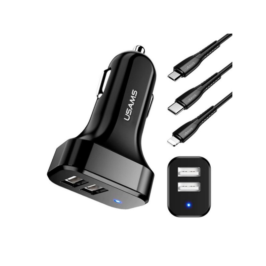 Usams Universāls x2 USB Auto lādētājs 2.1A 2.1A ar 3in1 USB Kabeli Micro USB / Type-C / Lightning Me – 3