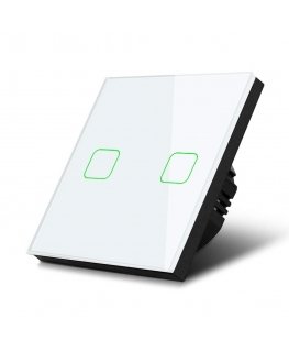 Maclean Energy MCE703W Touch gaismas slēdzis, dubultā, stikls, balts ar kvadrātveida pogu, izmēri 86x86mm, ar pogas apgaismojumu