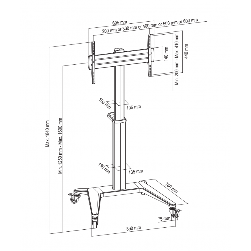 TV laikiklis ant ratų DELTACO OFFICE aliuminis, reguliuojamo aukščio, 37-70", juodas / ARM-0451 – 4