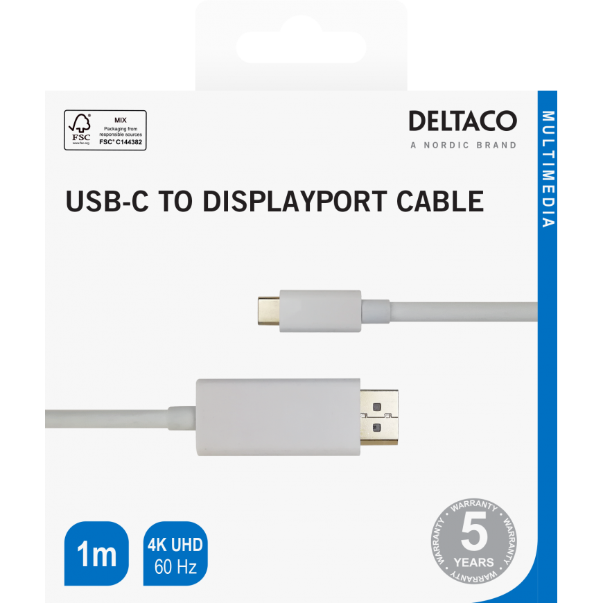 USB-C - DisplayPort cable DELTACO 4K UHD, gold-plated connectors, 1m, white / USBC-DP101-K / 0014001 – 3