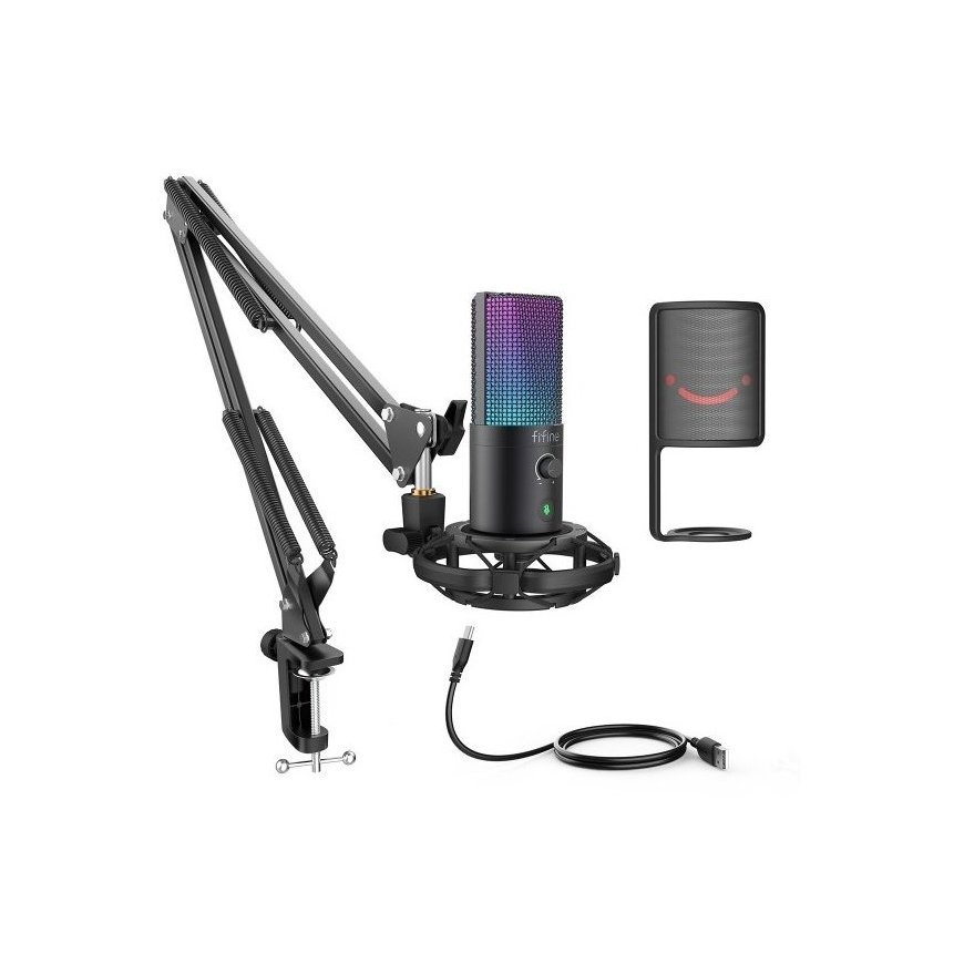 FIFINE RGB, USB MICROPHONE BUNDLE WITH ARM STAND & SHOCK MOUNT FOR