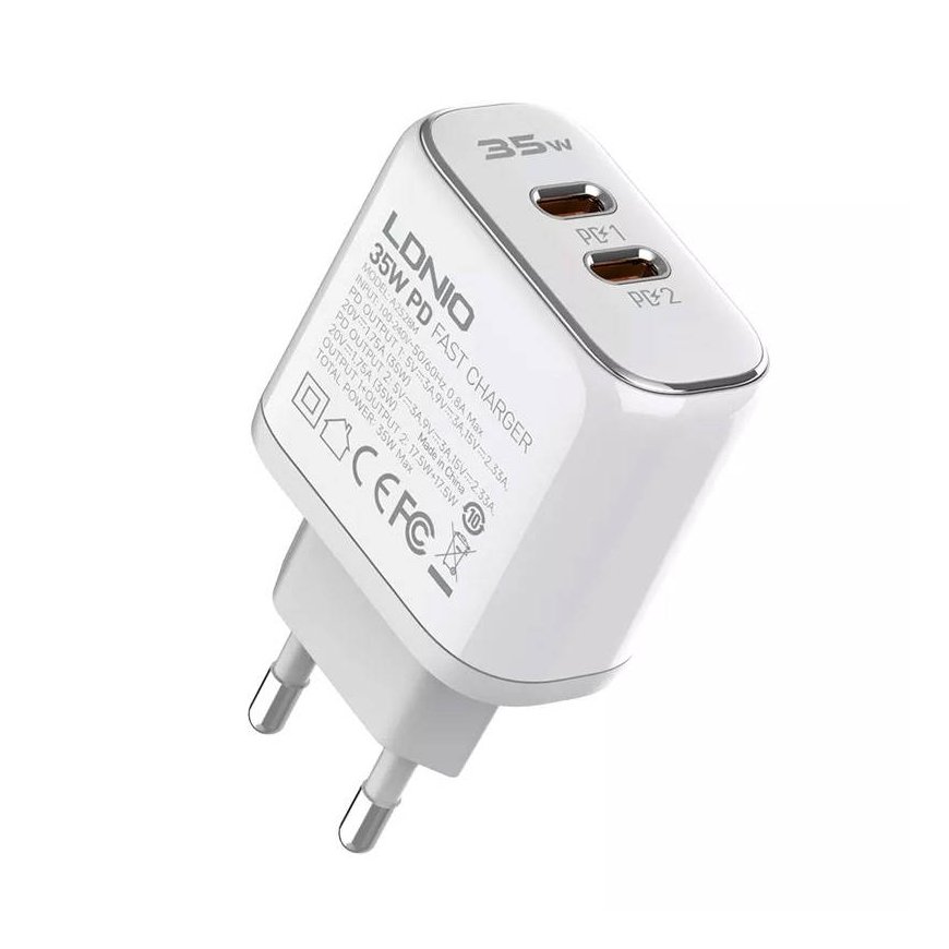 MFi wall charger LDNIO A2528M, 2xUSB-C, USB-C to Lightning 35W
