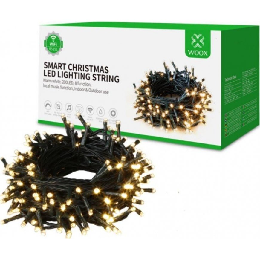 Išmani LED girlianda, 230Vac, 20m, 200 x LED, šiltai balta, Wi-Fi, TUYA / Smart Life, WOOX