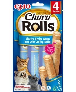INABA Churu Rolls Vistas recepte wraps Tuncis ar ķemmīšgliemeņu recepte - kaķu gardumi - 4x10 g