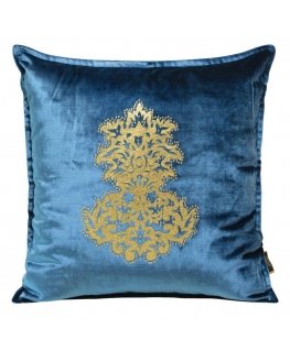 Eurofirany ROYAL 4 Aksominis pagalvės užvalkalas su auksiniu ornamentu, 45X45 cm, spalva: mėlyna