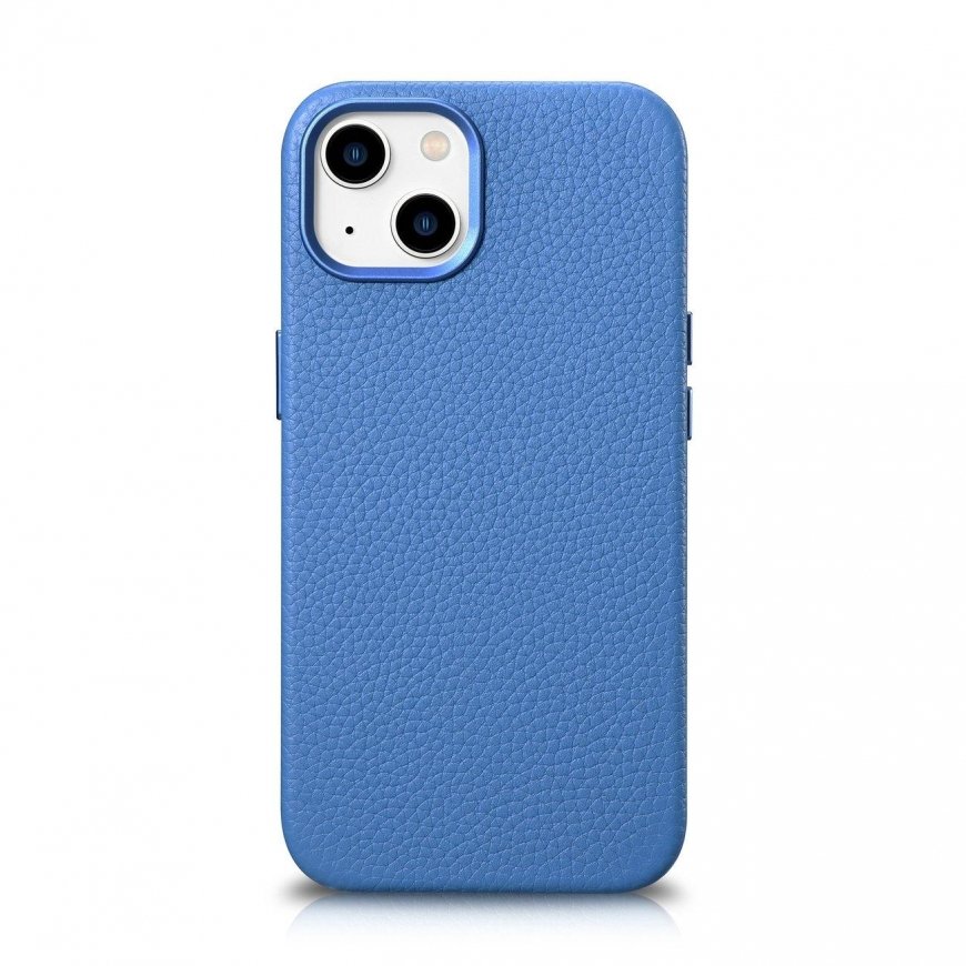 iCarer Litchi Premium Odinis dėklas iPhone 14 Plus Magnetic Odinis dėklas with MagSafe Light Mėlyna 