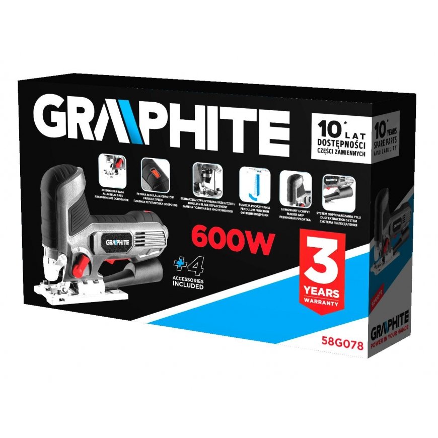 GRAPHITE Dėlionės 600W, judesių skaičius 800-3000 min-1, su rankena ant korpuso – 11