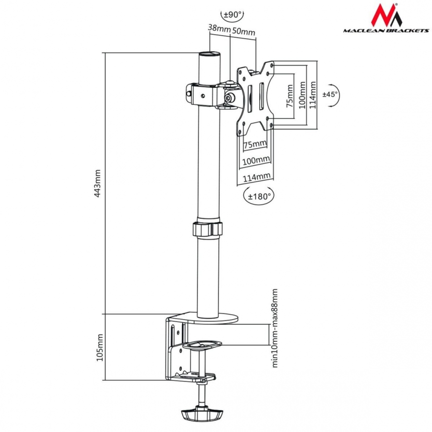 MACLEAN MC-751 Maclean MC-751 monitor desk bracket 13-32 8kg vesa 75x75, 100x100