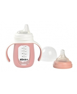 BEABA EDUCATIONAL GLASS BOTTLE-DRUNK 2IN1, 210 ML, OLD Pink, IN SILICONE CASE