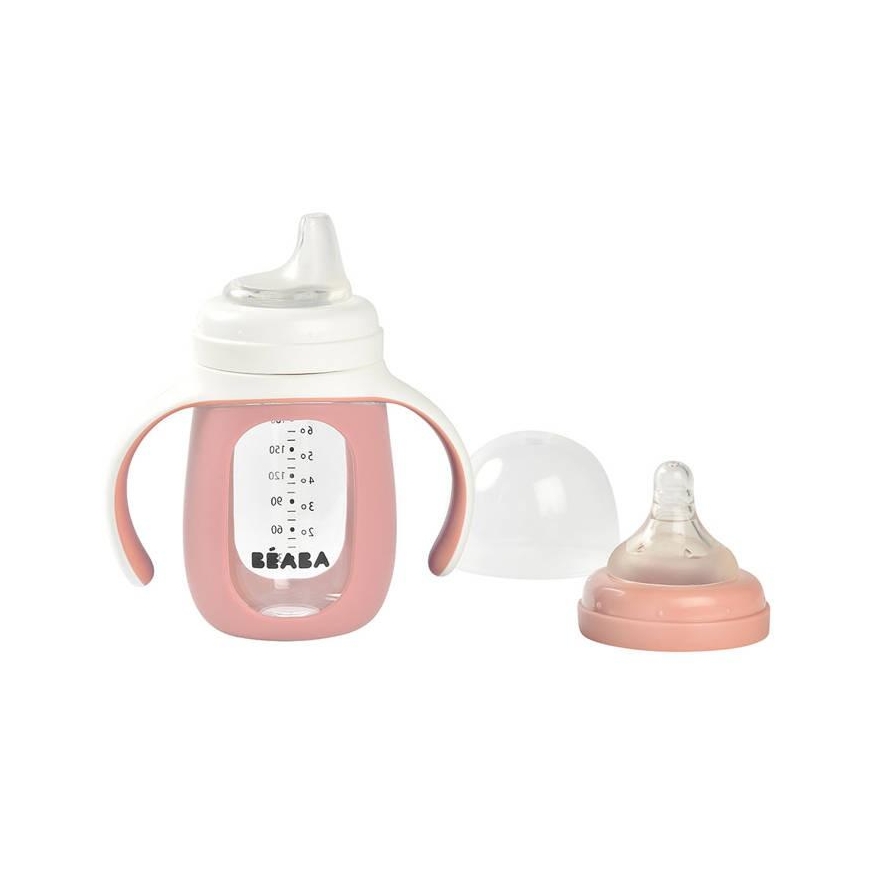 BEABA MOKOMASIS STIKLINIS BUTELIUKAS-GERTUVĖ 2IN1, 210 ML, OLD Rožinis, SILIKONINIAME DĖKLE