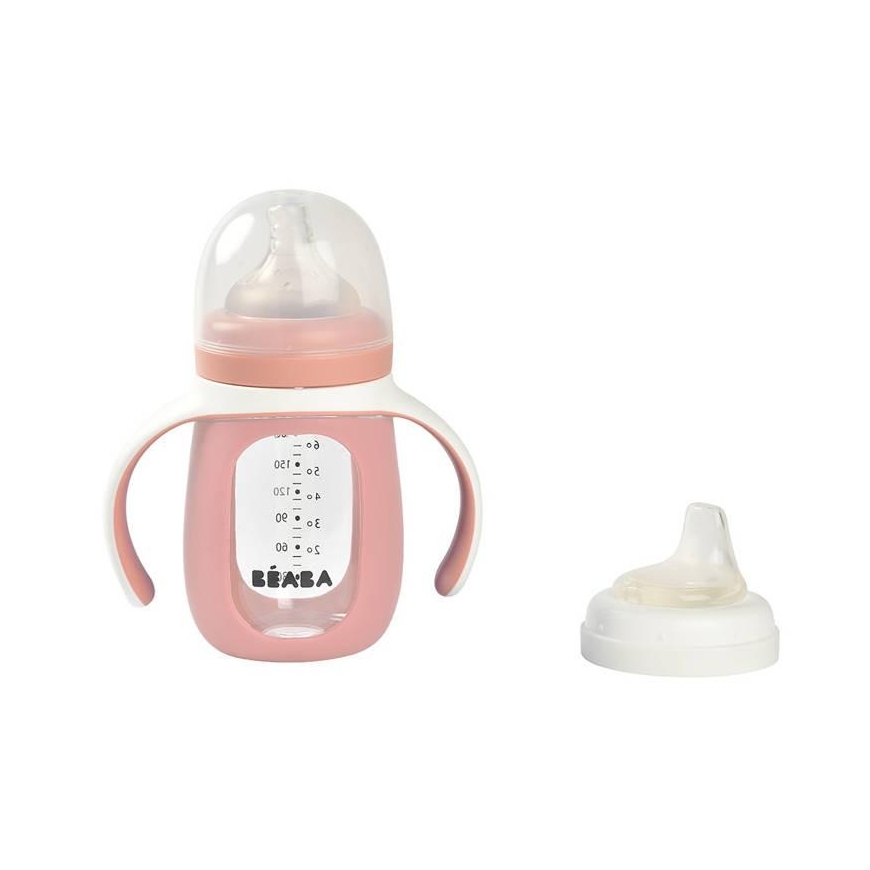 BEABA EDUCATIONAL GLASS BOTTLE-DRUNK 2IN1, 210 ML, OLD Pink, IN SILICONE CASE – 2