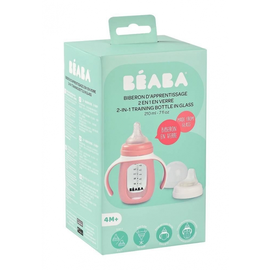 BEABA MOKOMASIS STIKLINIS BUTELIUKAS-GERTUVĖ 2IN1, 210 ML, OLD Rožinis, SILIKONINIAME DĖKLE – 3