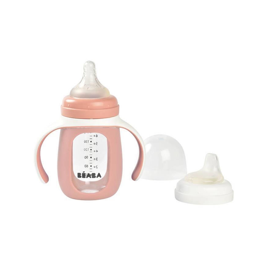 BEABA MOKOMASIS STIKLINIS BUTELIUKAS-GERTUVĖ 2IN1, 210 ML, OLD Rožinis, SILIKONINIAME DĖKLE – 5
