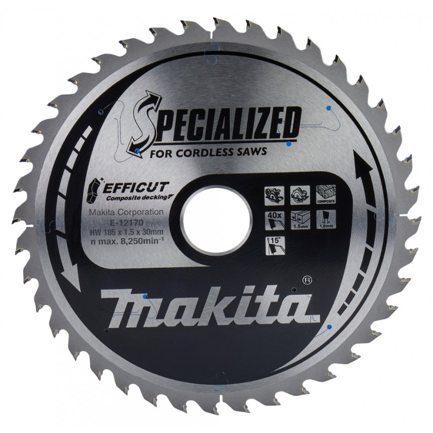 Makita E-12170 T.C.T. pjūklas 185X1.5X30mm 15° T40 EFFICUT klijuotoms plokštėms