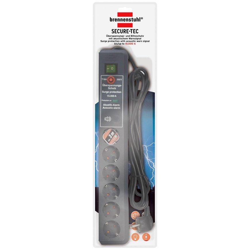 Brennenstuhl Secure-Tec power strip, 6 outlets, 3 m black (1441060000) – 2