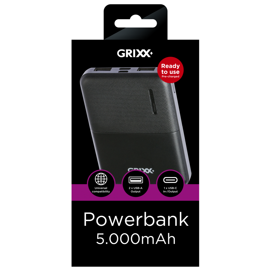 Grixx Powerbank 5000mAh Micro USB & USB-C Black – 2