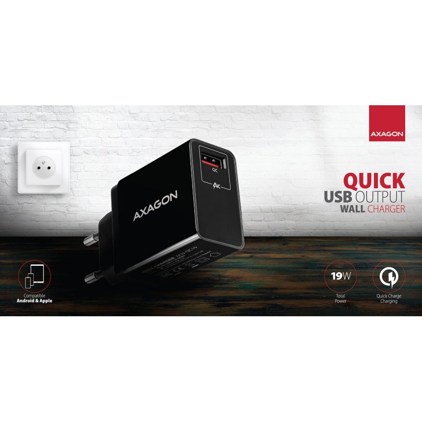 Axagon Wall charger 240V / 1x port QC3.0/AFC/FCP. 19W total – 2