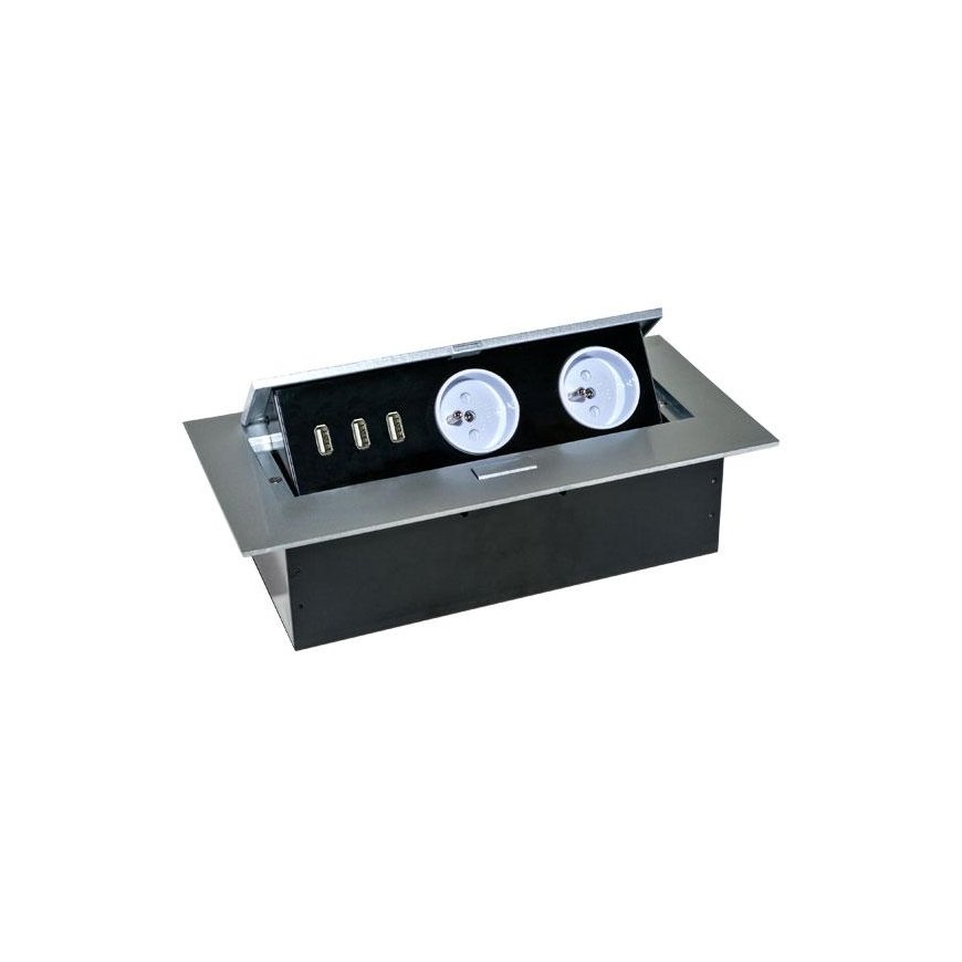 Orno Baldų lizdas, įleistas į stalviršį su storu kraštu, 2x2P + Z, 3 USB prievadai, sidabrinė – 2