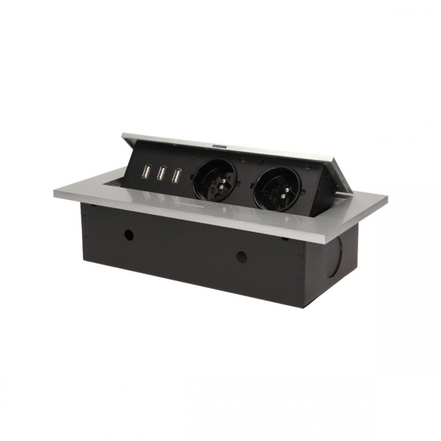 Orno Furniture socket, recessed into the tabletop with a thick edge, 2x2P + Z, 3 USB ports, silver – 3
