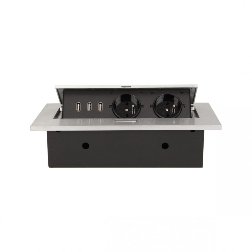 Orno Baldų lizdas, įleistas į stalviršį su storu kraštu, 2x2P + Z, 3 USB prievadai, sidabrinė – 5