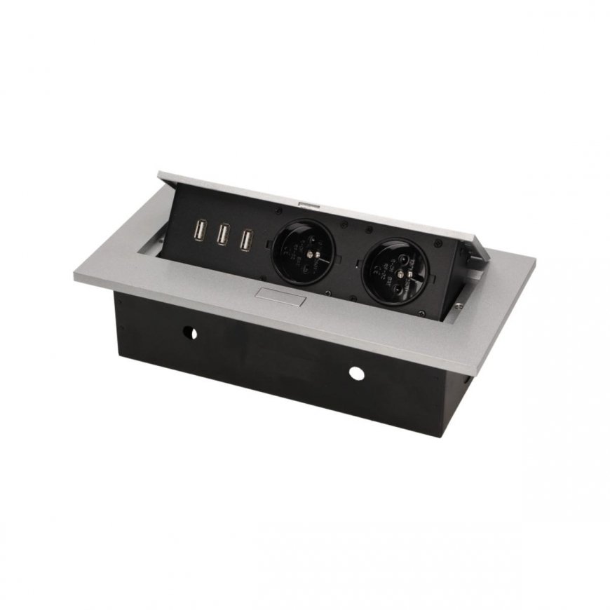 Orno Baldų lizdas, įleistas į stalviršį su storu kraštu, 2x2P + Z, 3 USB prievadai, sidabrinė – 6