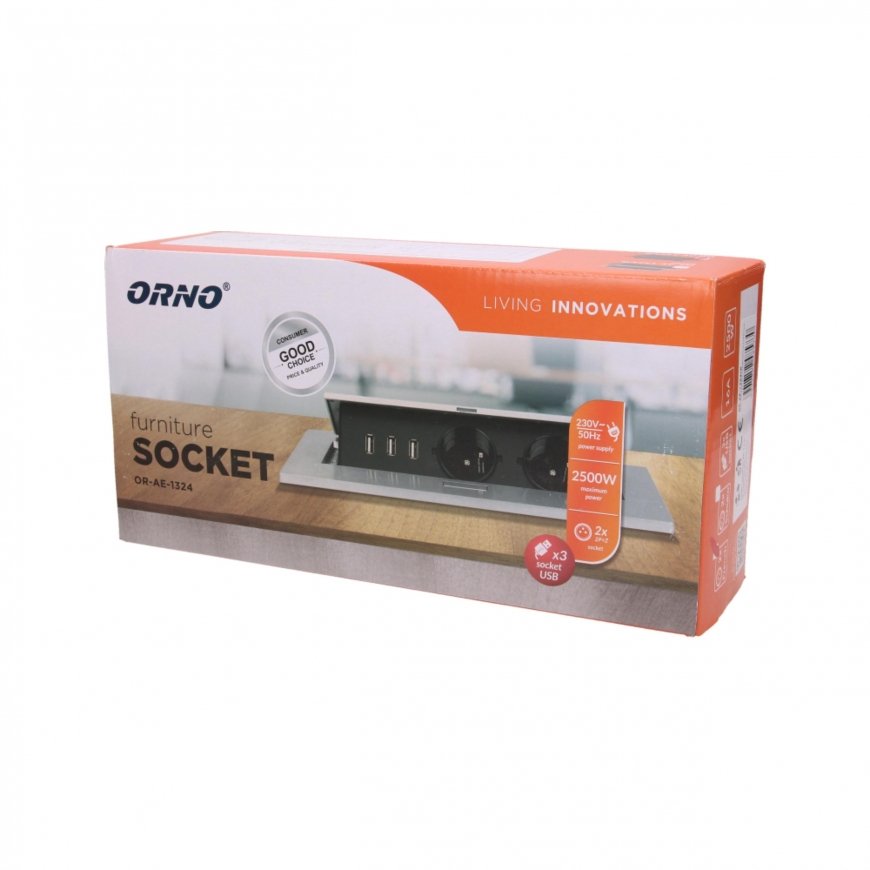 Orno Furniture socket, recessed into the tabletop with a thick edge, 2x2P + Z, 3 USB ports, silver – 14