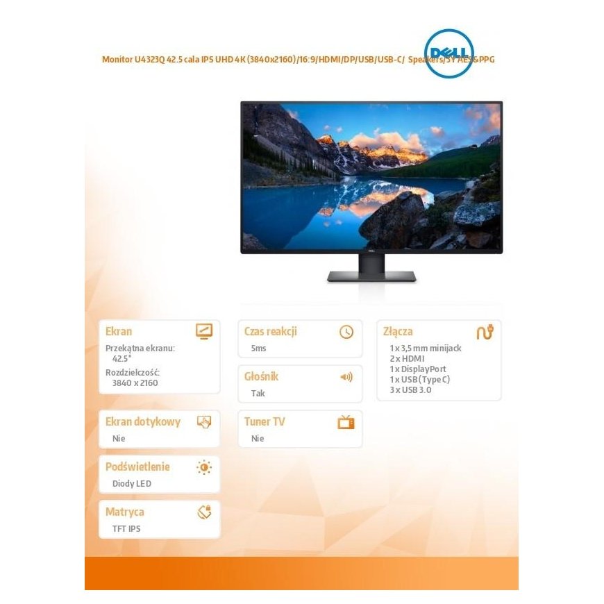 Dell Monitorius u4323q 42.5 cala ips uhd 4k (3840x2160)/16:9/hdmi/dp/usb/usb-c/ speakers/3y aes&ppg – 11