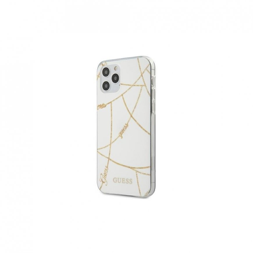 Guess GUHCP12SPCUCHWH iPhone 12 mini 5,4 colio baltas kietas dėklas Auksinė Chain Collection – 2