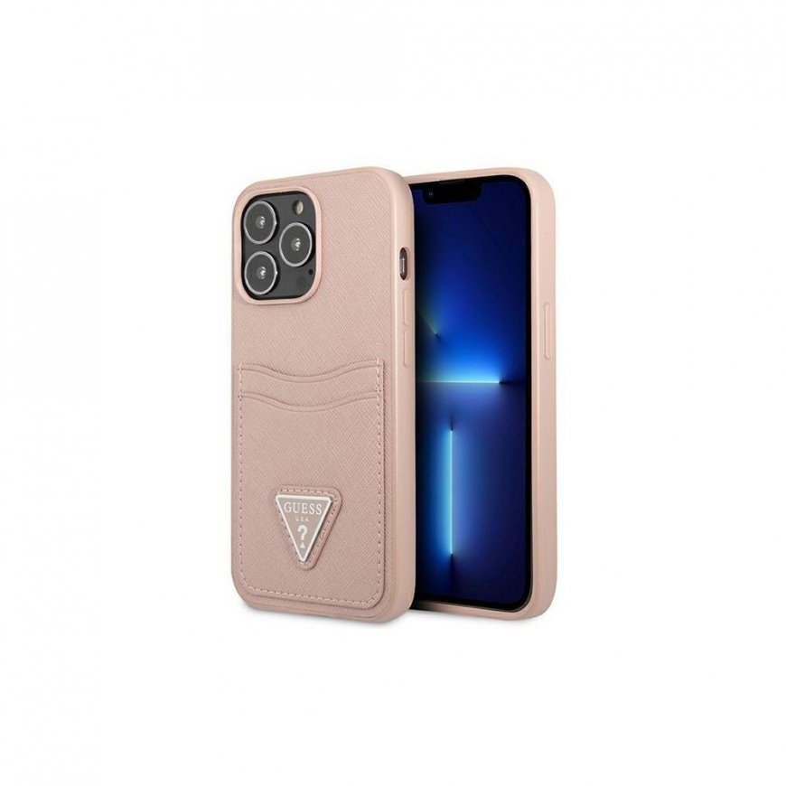 Dėklas Guess GUHCP13LPSATPP iPhone 13 Pro / 13 6,1 colio rožinis / rožinis kietas SaffianoTriangle logotipo kortelių lizdas – 2
