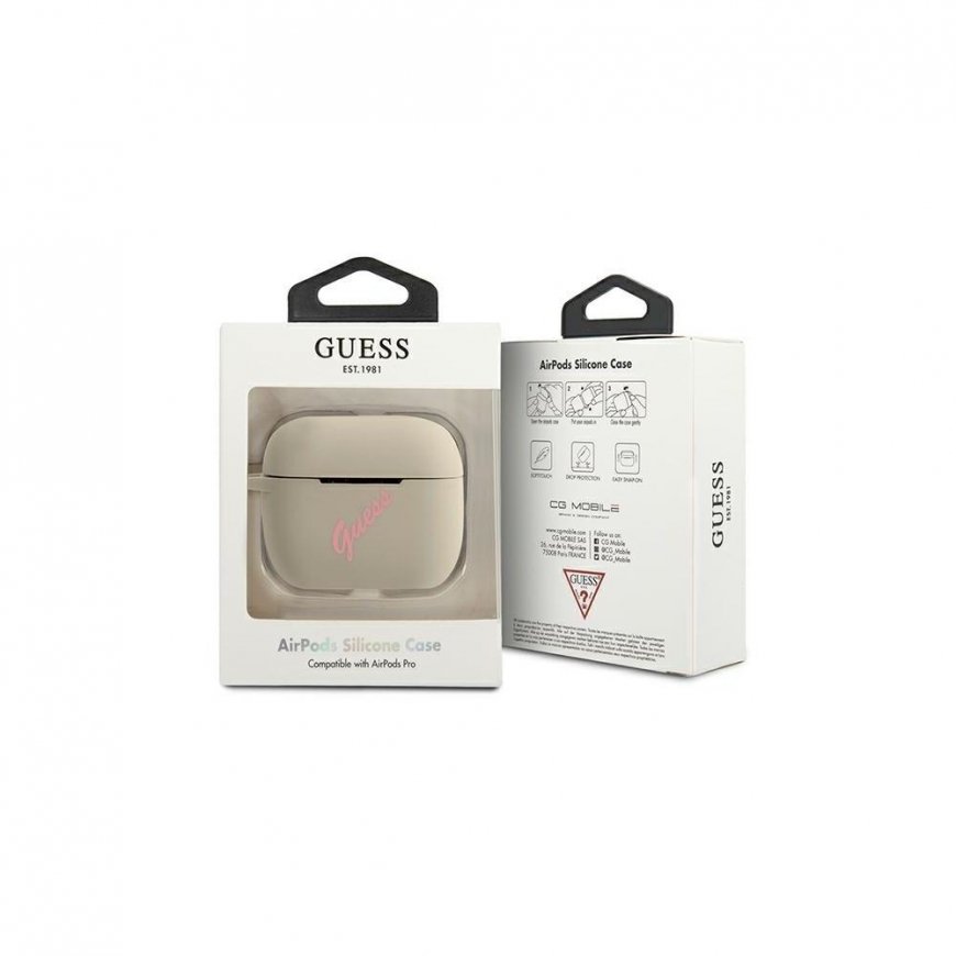 Guess Apsauginis dėklas GUACAPLSVSGP silikoninis Vintage, skirtas AirPods Pro pilkai rožinis – 5